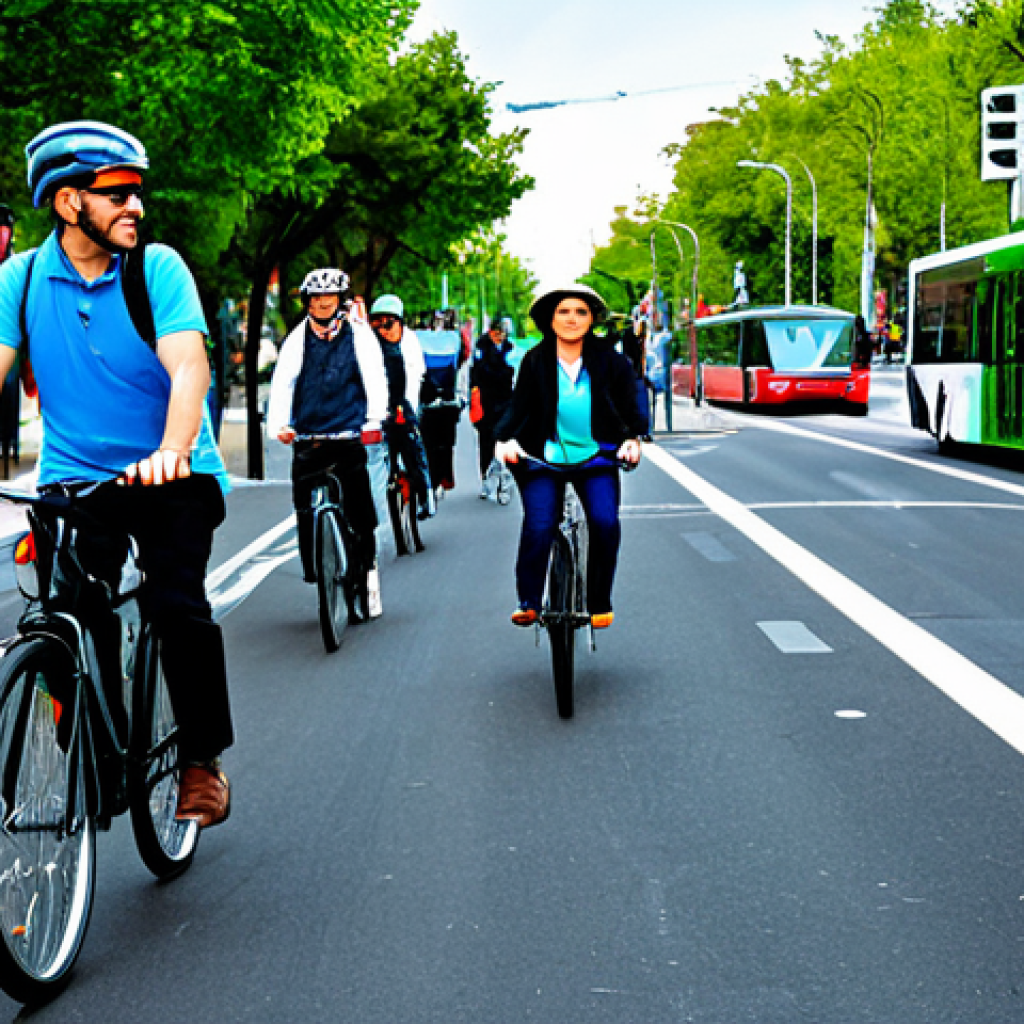 Sustainable Transportation**
"A bustling cityscape featuring people using various eco-friendly transportation options, including cyclists on dedicated bike lanes, modern electric buses, and pedestrians walking in a park-like setting. The overall scene conveys a sense of clean energy and environmental consciousness. fully clothed, appropriate attire, safe for work, perfect anatomy, natural proportions, professional photography, high quality, vibrant colors, daytime."
**