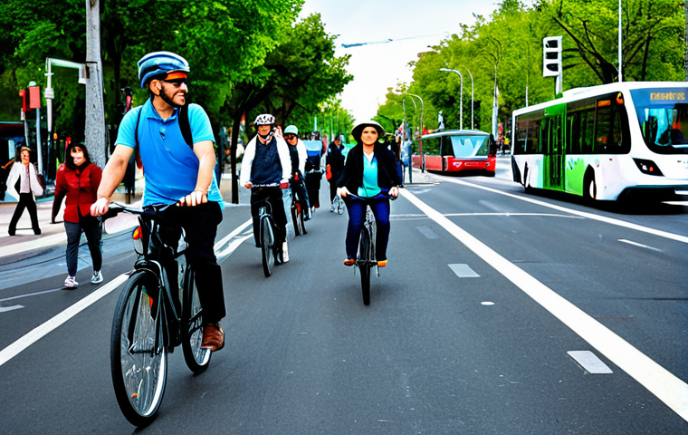 Sustainable Transportation**
"A bustling cityscape featuring people using various eco-friendly transportation options, including cyclists on dedicated bike lanes, modern electric buses, and pedestrians walking in a park-like setting. The overall scene conveys a sense of clean energy and environmental consciousness. fully clothed, appropriate attire, safe for work, perfect anatomy, natural proportions, professional photography, high quality, vibrant colors, daytime."
**