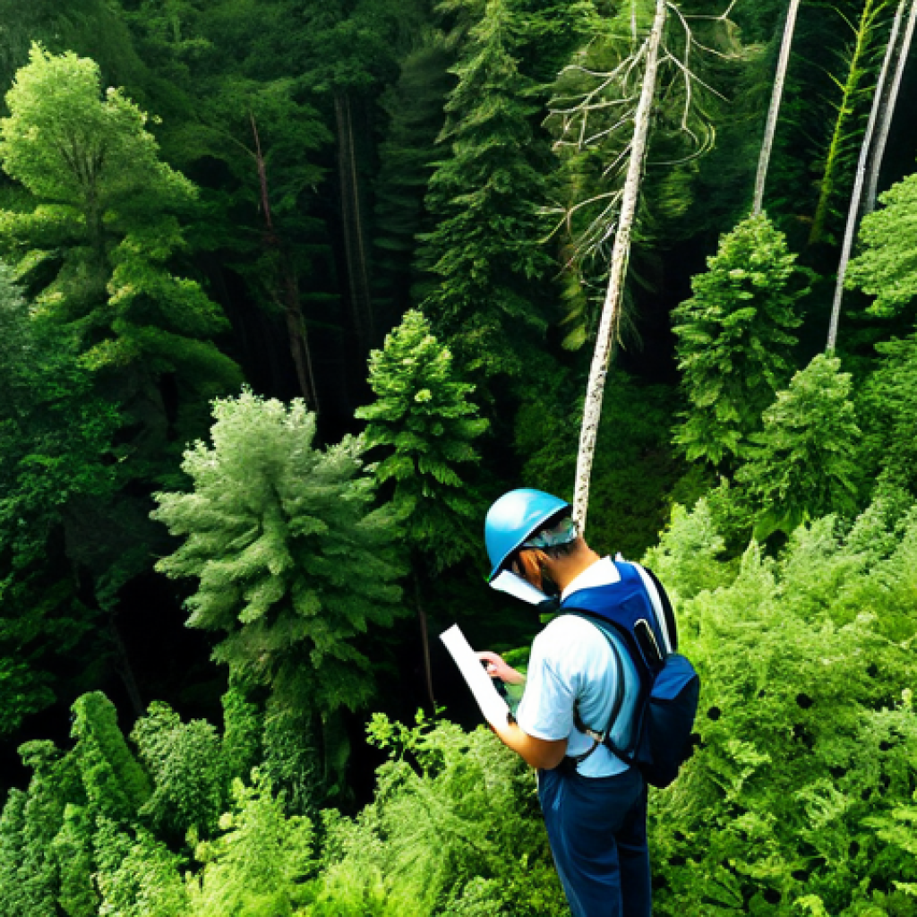 지속 가능한 개발과 생태계 모니터링의 관계 - Forest Health Monitoring**
"A lush forest scene. Scientists in appropriate field attire are examini...
