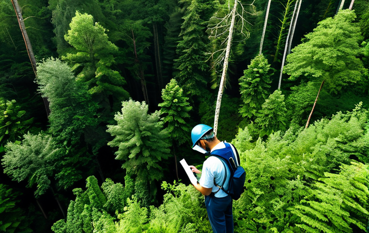 지속 가능한 개발과 생태계 모니터링의 관계 - Forest Health Monitoring**
"A lush forest scene. Scientists in appropriate field attire are examini...