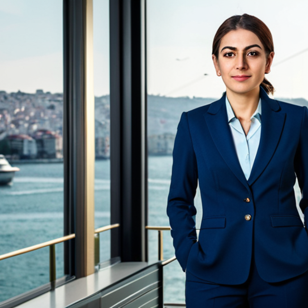 모니터링 프로그램의 효과 평가 방법 - Modern Istanbul Office**
A professional businesswoman in a tailored navy blue business suit, standi...