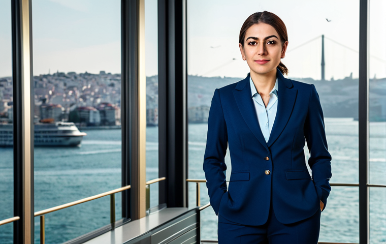 모니터링 프로그램의 효과 평가 방법 - Modern Istanbul Office**
A professional businesswoman in a tailored navy blue business suit, standi...