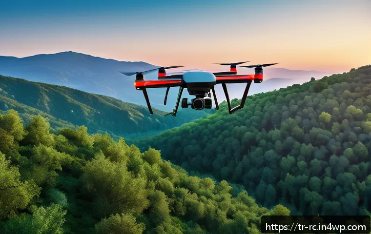 생태계 모니터링 관련 최신 연구 동향 - A high-tech drone flying autonomously over a dense Turkish forest at dawn, equipped with a multispec...